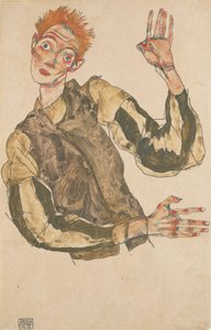 Självporträtt med randiga ärmskydd av Egon Schiele
