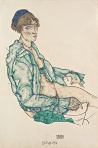 Sittande halvakt med blått hårband av Egon Schiele