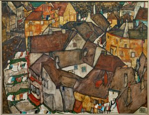 Liten stad - Krumau i Tjeckoslovakien (olja på duk) av Egon Schiele
