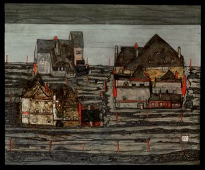 Suburb I (målning på duk) av Egon Schiele