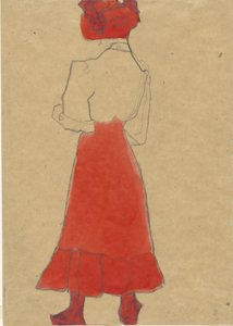 Kvinna med röd kjol, ca. 1909. av Egon Schiele
