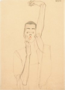 Ung man med höjd arm och röd mun; Självporträtt med upphöjd vänster arm och röd mun, 1909 av Egon Schiele