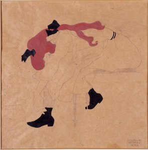 Ung flicka med svart band i rött hår, tar på sig skorna, 1909 av Egon Schiele