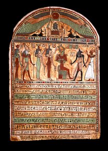 Egyptisk antikvitet: en översteprästs begravningsstele: Osiris välkomnar den avlidne närvarande i Anubis, bakom honom gudarna Isis, Nephtis (Nephtys eller Neftis), Horus, Hathor. 3:e-2:a århundradet f.Kr. turin, egyptiskt museum - egyptiska antikviteter: b av Egyptian