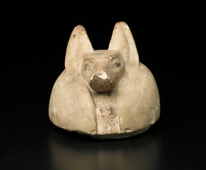 Jackal-headed lock av en baldakinburk (kalksten) av Egyptian
