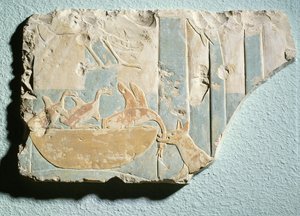 Relief som visar en räd av ett hundliknande djur på ett fågelbo, från kung Montuhotep II:s begravningstempel, Middle Kingdom (målad kalksten)