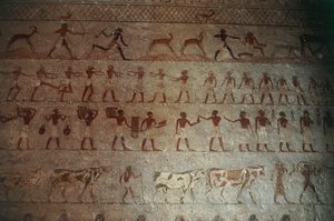 Beni-Hasan nekropolis. Amenemhats grav, detalj: väggmålningar som visar jaktscener och livet på landet