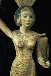Kvinnlig offerbärare bärande en vattenvas i handen och ett kärl på huvudet, Egyptiska, Mellersta kungariket, ca 1950 f.Kr. (stuckat och målat fikonträ) (detalj av 93791)