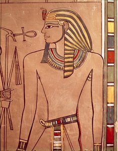 Amenhotep II (c.1427-1392 f.Kr.) med en ankh som höjs till sina läppar, från sarkofagkammaren i hans grav, New Kingdom (målad kalksten) av Egyptian 18th Dynasty