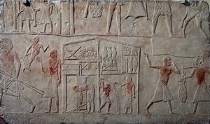 Arrangemang av livsmedel i lagerlokaler, väggrelief i kalksten, från Horemhebs memfitiska grav i Saqqara, Egyptisk civilisation, Nya riket, XVIII:e dynastin av Egyptian 18th Dynasty