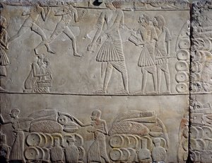 Arrangemang av livsmedel i lagerlokaler, väggrelief i kalksten, från Horemhebs memfitiska grav i Saqqara, Egyptisk civilisation, Nya riket, XVIII:e dynastin av Egyptian 18th Dynasty