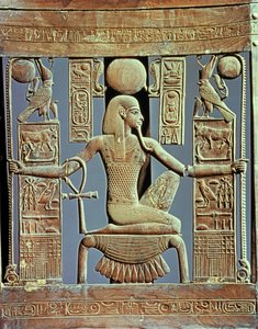 Stolsrygg från Tutankhamons grav (ca 1370-52 f.Kr.) som skildrar miljontals årens anda, New Kingdom (cederträ) (se även 227983)