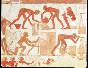 Konstruktion av en vägg, från graven av Rekhmire, vizier av Tuthmosis III och Amenhotep II, New Kingdom (väggmålning) (se 202228 för detaljer) av Egyptian 18th Dynasty