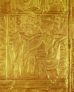 Detalj från den gyllene helgedomen, från Tutankhamons grav (ca 1370-1352 f.Kr.) New Kingdom (trä överdraget med gesso täckt med guldplåt)