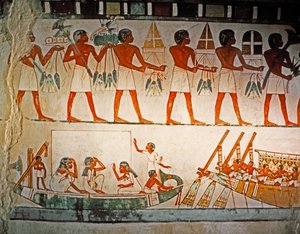 EGYPTISK KONST: Väggmålning i Nakhts grav vid Elwet el-Sheik Abdel Q..., ca 1425 f.Kr (kalksten) av Egyptian 18th Dynasty
