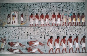Egypten, Luxor, Konungarnas dal, Horemhebs grav, väggmålning av Egyptian 18th Dynasty