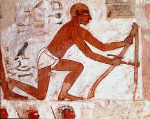 Egyptisk konst: Rekhmires grav. Ploucherarbete med sitt jordbruksredskap. Fresk av Luxor (Tebeplatsen, Sheikh Abd al-Gournahs nekropolis (Gournah), Nilens vänstra strand, Egypten. - Forntida Egypten: Rekhmires grav. En plogmans verk med sin agri av Egyptian 18th Dynasty