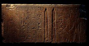 Egyptisk antikvitet: detalj av en graverad fresk föreställande drottning Hatshepsut (vänster) och två obelisker vid Amons tempel - år 15 av hennes regeringstid (1475-1468 f.Kr.) 18:e dynastin - Luxor, egyptiska konstmuseet av Egyptian 18th Dynasty