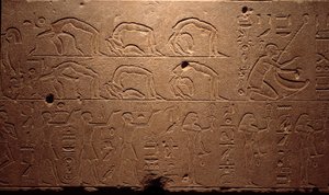 Egyptisk antiken: detalj av en graverad fresk som föreställer dansare, contortionists och musiker. Period av drottning Hatshepsut (Hatshepsut) 18:e dynastin. Luxor, egyptiska konstmuseet av Egyptian 18th Dynasty