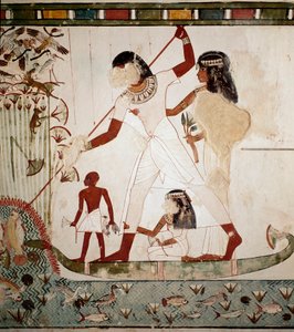 Egyptisk antikvitet: "" fiskescen"" Den ädla Menna skildrar på en båt med sin fru som harponerar en fisk. Fresk från Mennas grav (TT69) från adelsmännens gravområde i Gournah. Sheikh Abd al-Gournah (el Gournah), Luxor Egypten av Egyptian 18th Dynasty