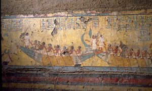 Egyptisk antikvitet: fresk av målaren Maias grav, pilgrimsfärd med båt i Abydos, citat av Osiris. 18:e dynasti. Från kapellet i Maia, Deir el-Medineh (el Medineh), New Empire Dim. 67 cm Turin, Egyptiska museet av Egyptian 18th Dynasty
