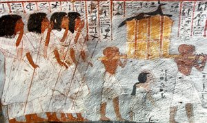 Egyptisk antikvitet: procession med bärare av baldakinkärl som används för att samla in den avlidnes inälvor. Målning av Roys grav av Egyptian 18th Dynasty