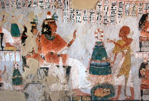 Egyptisk antikvitet: representation av Roy och hans fru Nebtawy inför en överstepräst. Målning av Roys grav (TT255). 18:e dynasti. Från västbanken av Luxor, Egypten av Egyptian 18th Dynasty