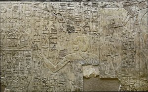 Egyptisk antikviteter: representation av bärare av offergåvor. Låg relief från vizir Ramoses grav (18:e dynastin). Luxor, Thebe, de adligas dal Egypten av Egyptian 18th Dynasty