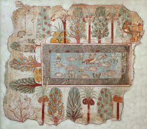 Trädgård på en privat egendom med en prydnadspool, en del av väggmålningen från Nebamuns grav, Thebe, Nya kungariket, ca 1350 f.Kr. (målad gips)