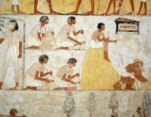 Skörda, tröska och vinna spannmål, detaljer från fresker i vestibulen av Mennas grav, Sheikh Abd el Qurnah Necropolis, Luxor, Thebe (Unescos världsarvslista av Egyptian 18th Dynasty