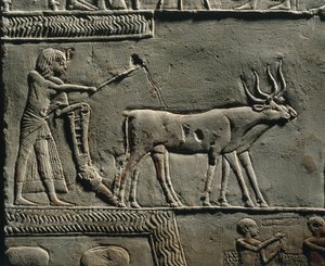 Horemheb plöjer mark på Iarus fält. Relief från Horemhebs grav i Saqqara, detalj. av Egyptian 18th Dynasty