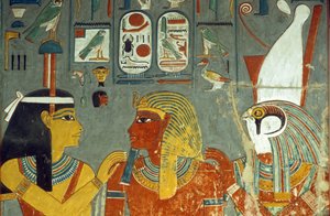 Horus, Horemheb och Hathor, från Horemhebs grav (ca 1323-1295 f.Kr.) New Kingdom (väggmålning) av Egyptian 18th Dynasty