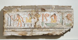 Inskrift med särskilt tydliga hieroglyfer: en man med käpp, en skäggig gud på huk, en man med handen för munnen ... av Egyptian 18th Dynasty