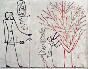 Isis omvandlas till ett platanträd som diar Tuthmosis III (ca 1479-1425 f.Kr.) (väggmålning) av Egyptian 18th Dynasty