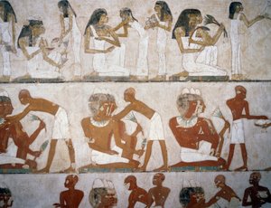 Män och kvinnor tar på sig smycken, detaljer från freskerna i Rekhmires grav, Sheikh Abd el Qurnah Necropolis, Luxor, Thebe (Unescos världsarvslista av Egyptian 18th Dynasty