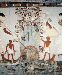 Menna och hans familj fiskar och fiskar i Nilens myrar, detalj från fresker i kapellet i Mennas grav, Sheikh Abd el Qurnah Necropolis, Luxor, Thebe (Unescos världsarvslista av Egyptian 18th Dynasty