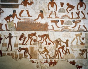 Metallbearbetning och tegeltillverkning, detalj från fresker i Tomb of Rekhmire, Sheikh Abd el Qurnah Necropolis, Luxor, Thebe (Unescos världsarvslista av Egyptian 18th Dynasty