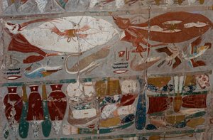 Målad basrelief, drottning Hatshepsuts dödstempel, Djeser-Djeseru (det allra heligaste), Deir el-Bahri, Luxor, Thebe (Unescos världsarvslista) av Egyptian 18th Dynasty