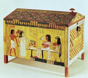 Målad kista med en bankettscen från Khas grav (d.c.1390-52 f.Kr.) som hittades i Deir el-Medina, New Kingdom (trä)