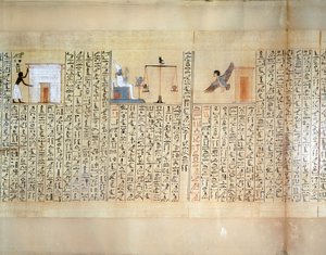 Papyrus som avbildar vägningen av hjärtat, från Maiherperis dödbok av Egyptian 18th Dynasty