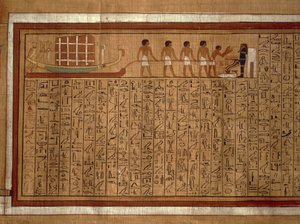 Papyrus med "Dödsbokens" hieroglyfer och polykroma illustrationer från Kha:s grav i Thebe. Nya riket, XVIII:e dynastin av Egyptian 18th Dynasty
