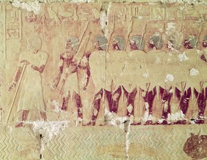 Relief som visar soldater som skickats av drottning Hatshepsut på en expedition till landet Punt för att ta tillbaka ingredienser för användning i tempelritualer, från Hatshepsuts bårhustemplet, ca 1503-1482 f.Kr., Nytt av Egyptian 18th Dynasty