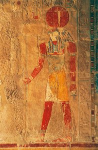 Relief med Ra Horakhty, Hatshepsuts dödstempel, Deir el-Bahari, Theban Necropolis (UNESCO:s världsarvslista) av Egyptian 18th Dynasty