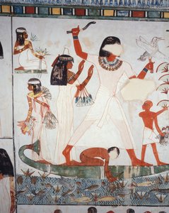 Scen för jakt och fiske i kärren, fresk, norra väggen, längsgående kammare, Theban Tomb TT69, Sheikh Abd el-Qurna, Thebe (Unescos världsarvslista av Egyptian 18th Dynasty