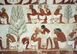 Soldater som klipper håret, detalj från fresker i Userhats grav, Sheikh Abd el Qurnah Necropolis, Luxor, Thebe (Unescos världsarvslista av Egyptian 18th Dynasty