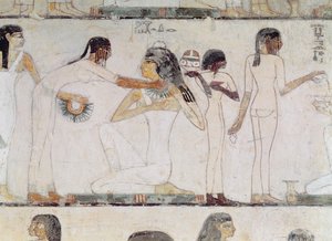 Adelskvinnornas toalett, från Rekhmires grav, vesir av Tuthmosis III och Amenhotep II, New Kingdom (väggmålning)