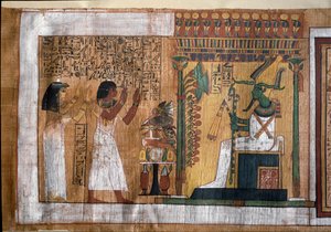 Den avlidne Kha och hans fru Merit dyrkar Osiris, herre över livet efter detta - Papyrus från Book of the Dead, från arkitekt Khas begravningskammare av Egyptian 18th Dynasty