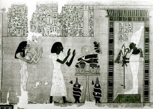 Den avlidne tillsammans med sin syster går för att hylla Osiris, detalj från de dödas bok, Nya kungariket (papyrus)