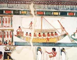 Solskeppet, detalj av pilgrimsfärden till Abydos, fresk, norra väggen, lång matsal, Theban Tomb TT69, Sheikh Abd el-Qurna, Thebe (Unescos världsarvslista av Egyptian 18th Dynasty