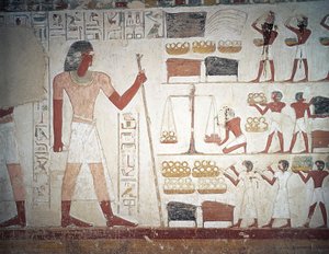 Vägningen av koppar, fresco, Tomb of Userhat, lärare och skrivare under Amenhotep II:s regeringstid, även känd som grav TT56, Sheikh Abd el-Qurna, Thebe (Unescos världsarvslista av Egyptian 18th Dynasty